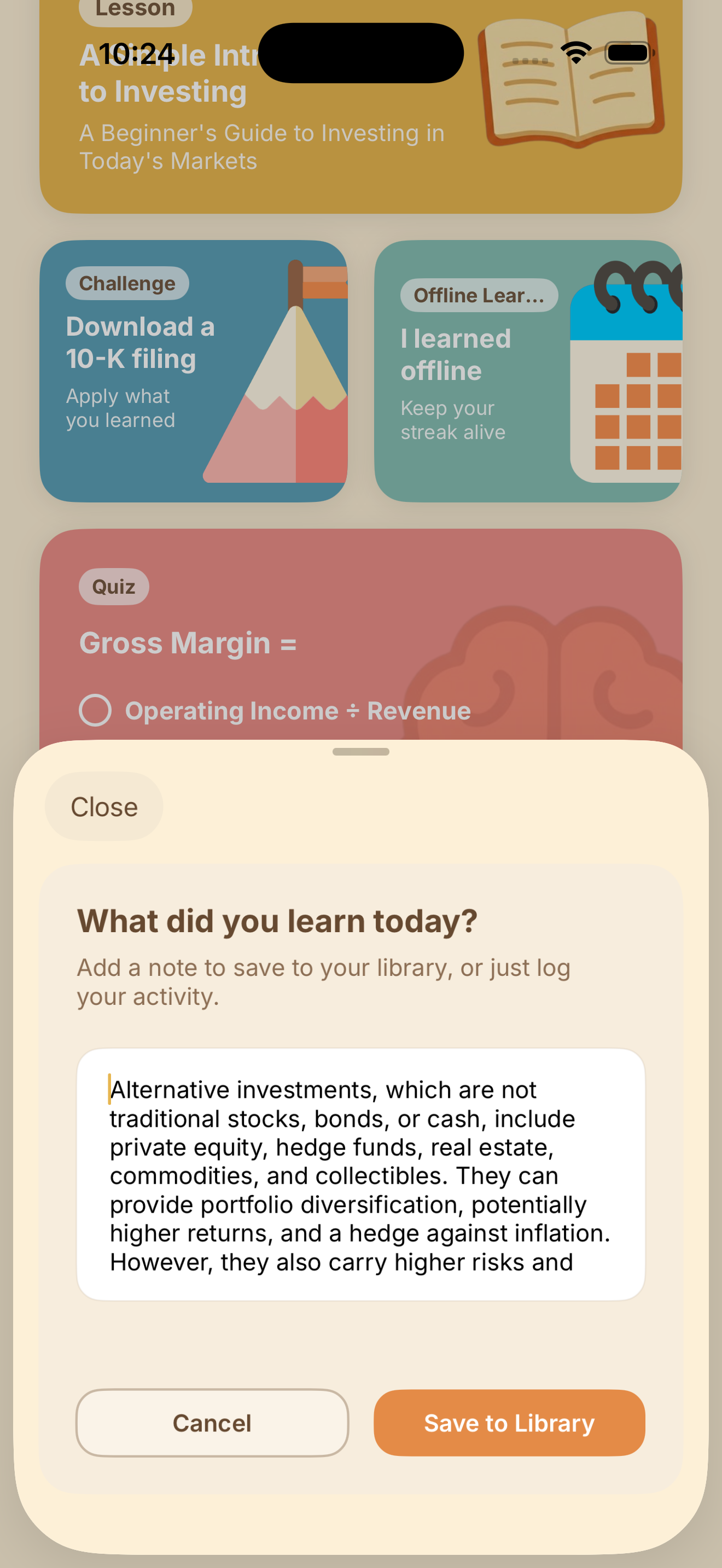 Learning card screen